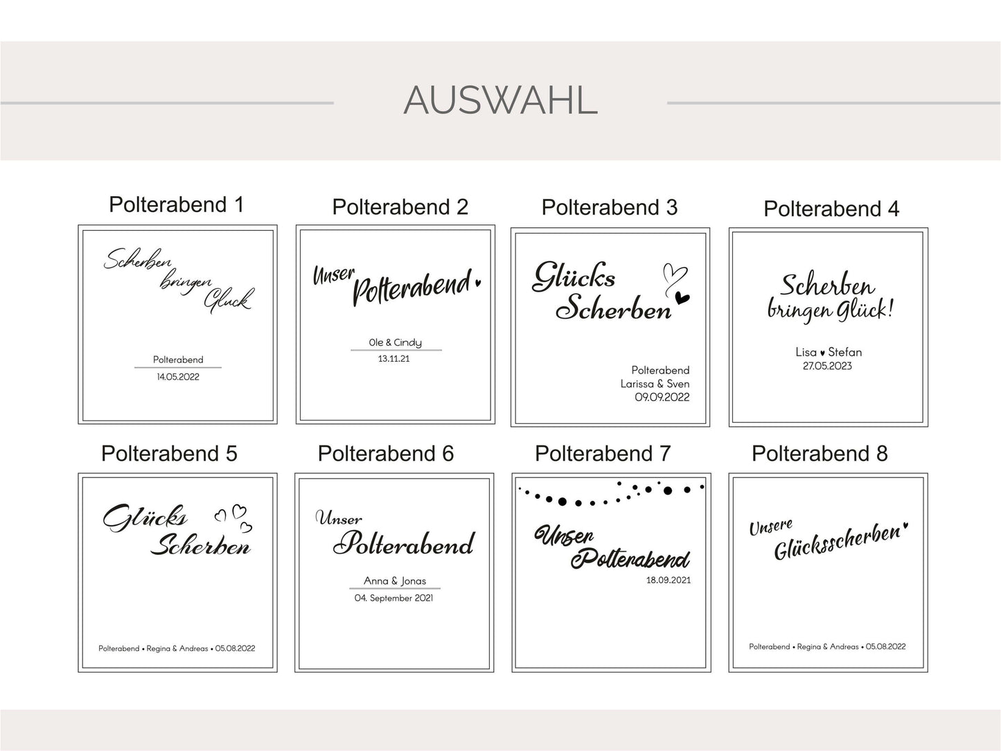 Polterabend Scherben für Bilderrahmen nur Aufkleber - Unsere Glücksscherben / Unser Polterabend, Erinnerungsgeschenk mit vielen Designs - SelfmadeStudio