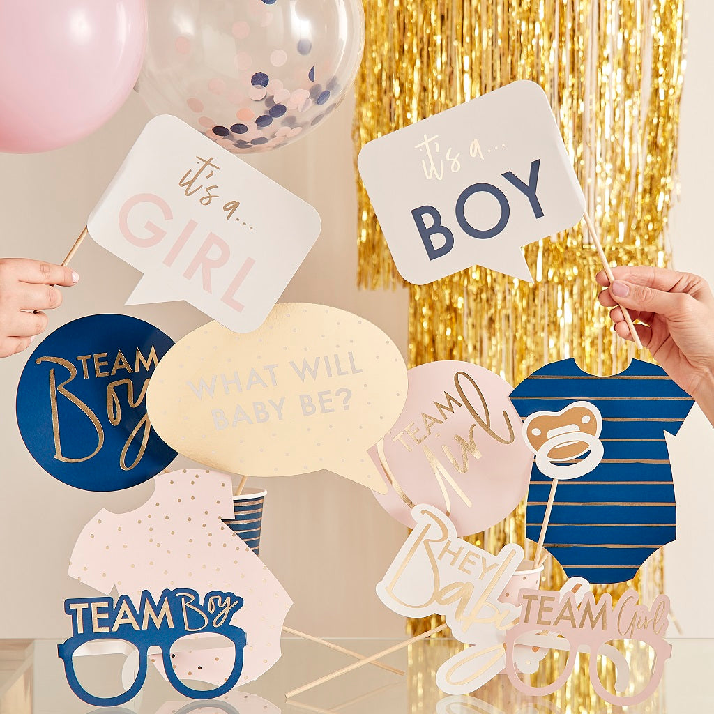 Props - Gender Party 10er Set | Team Boy Team Girl | Photo Booth Props | Baby Verkleidungen für Genderparty Fotobox Accessoires Baby Shower