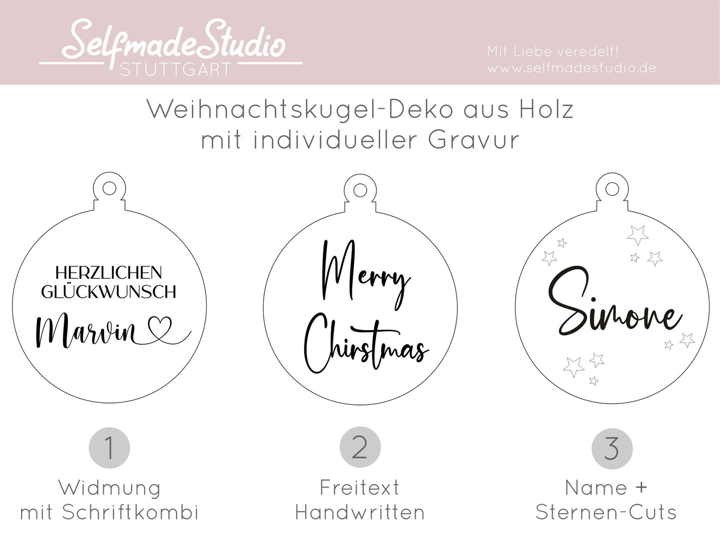 Weihnachtskugel aus Holz mit Wunschnamen / Text, Weihnachtsgeschenk, Baumschmuck Anhänger, Christbaumkugel personalisiert mit Wunsch Namen