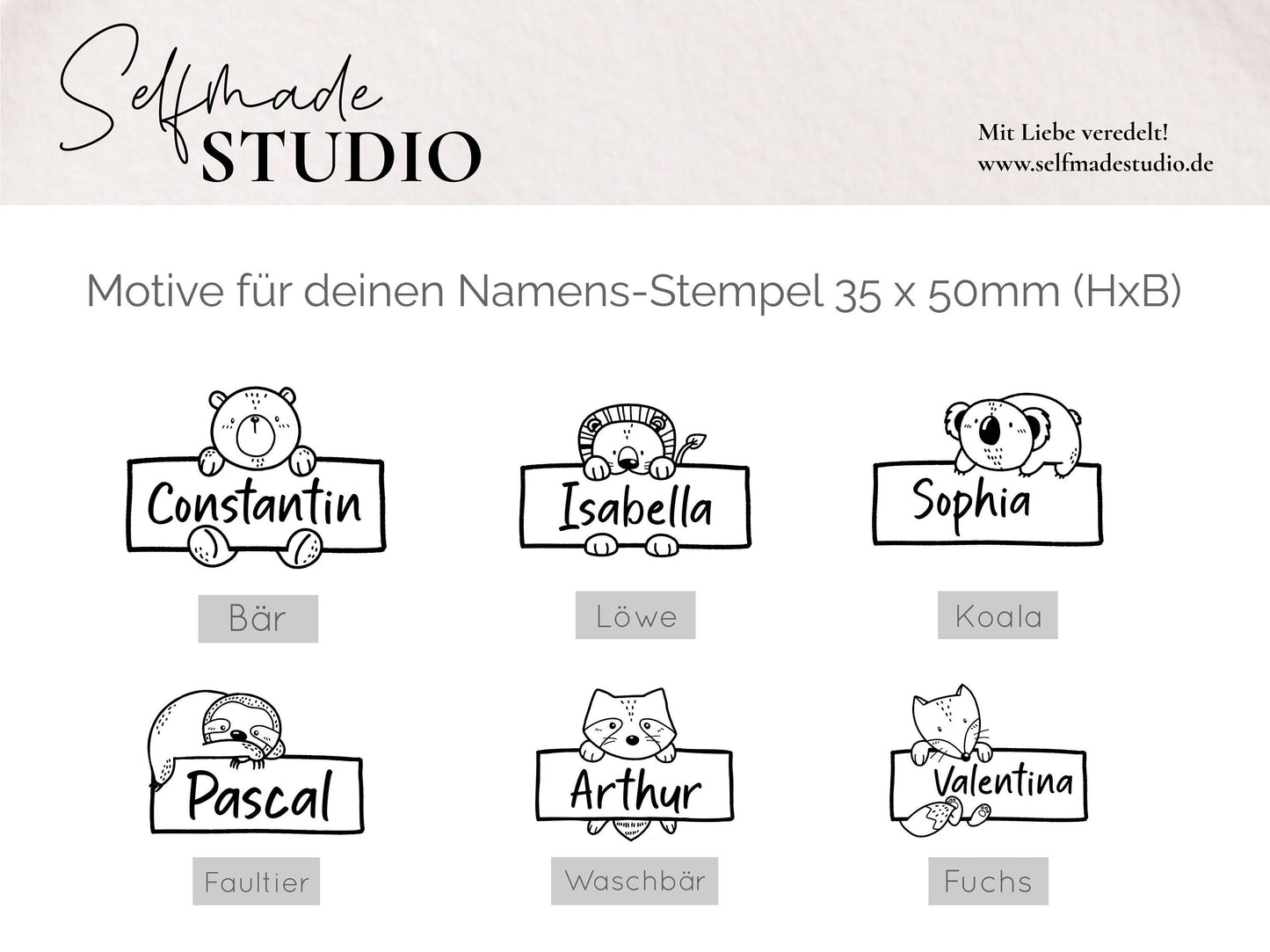 Tierstempel mit Name | Tier Holzstempel 50 x 35 mm | Personalisiert mit Name | Stempel Motiv Bär - Löwe - Koala - Faultier - Waschär - Fuchs