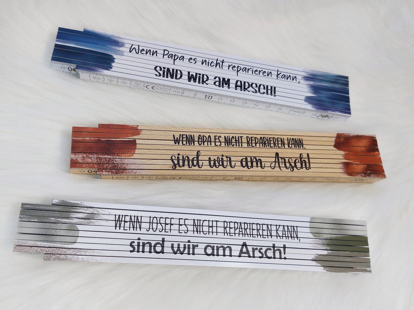 Meterstab mit Spruch "Wenn Papa es nicht reparieren kann, sind wir am Arsch!" Farben, Namen, Zollstock personalisiert Name Hobby Handwerker