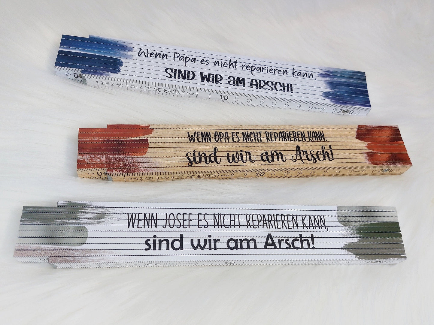Meterstab mit Spruch "Wenn Papa es nicht reparieren kann, sind wir am Arsch!" Farben, Namen, Zollstock personalisiert Name Hobby Handwerker