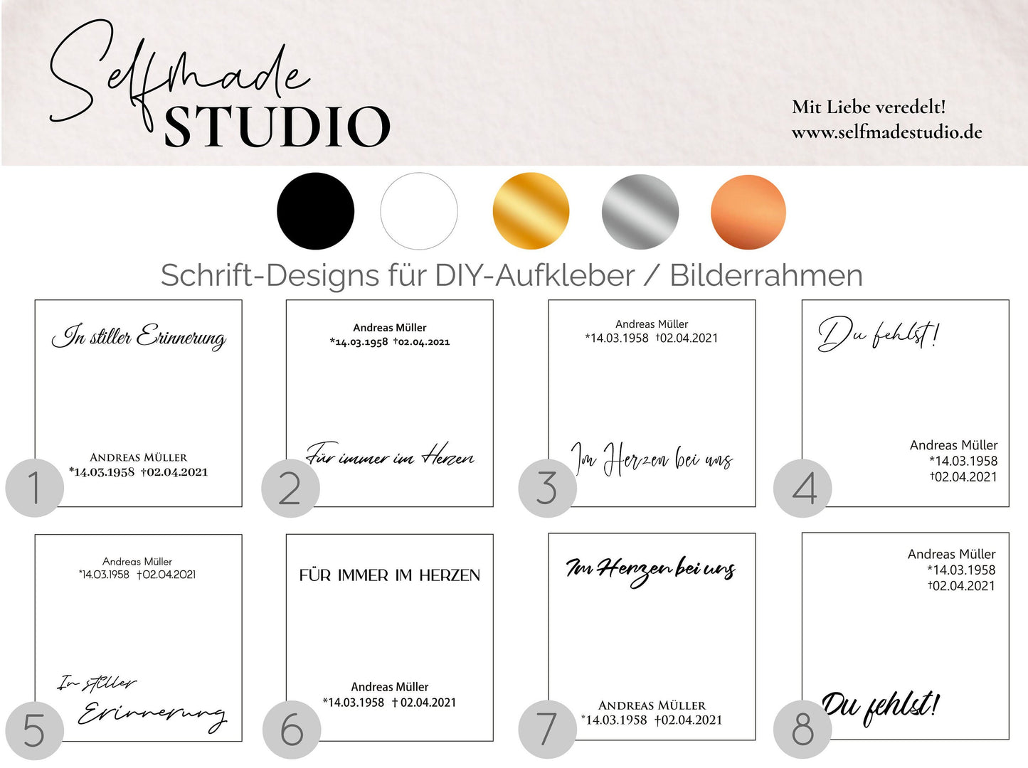 Trauer - Andenken für Verstorbene - Personalisierter Aufkleber mit/ohne Bilderrahmen (Schwarz) Trauerkarte Gedenken Schriftzug Designs 1-8