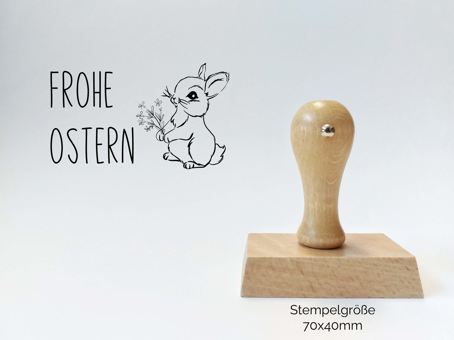 Frohe Ostern Stempel mit Hase | 70 x 40 mm - Oster Holzstempel | Osterhase Motiv mit Blumen | Oster Gruß | Deko Stempel | Stempel Rechteckig