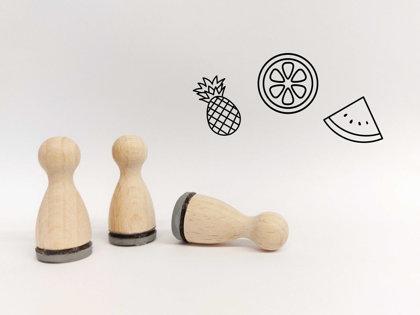 Ministempelset Frucht - Essen | 3 Stempel mit 12mm Durchmesser | Holzstempel Symbole Annanas Melone Orange