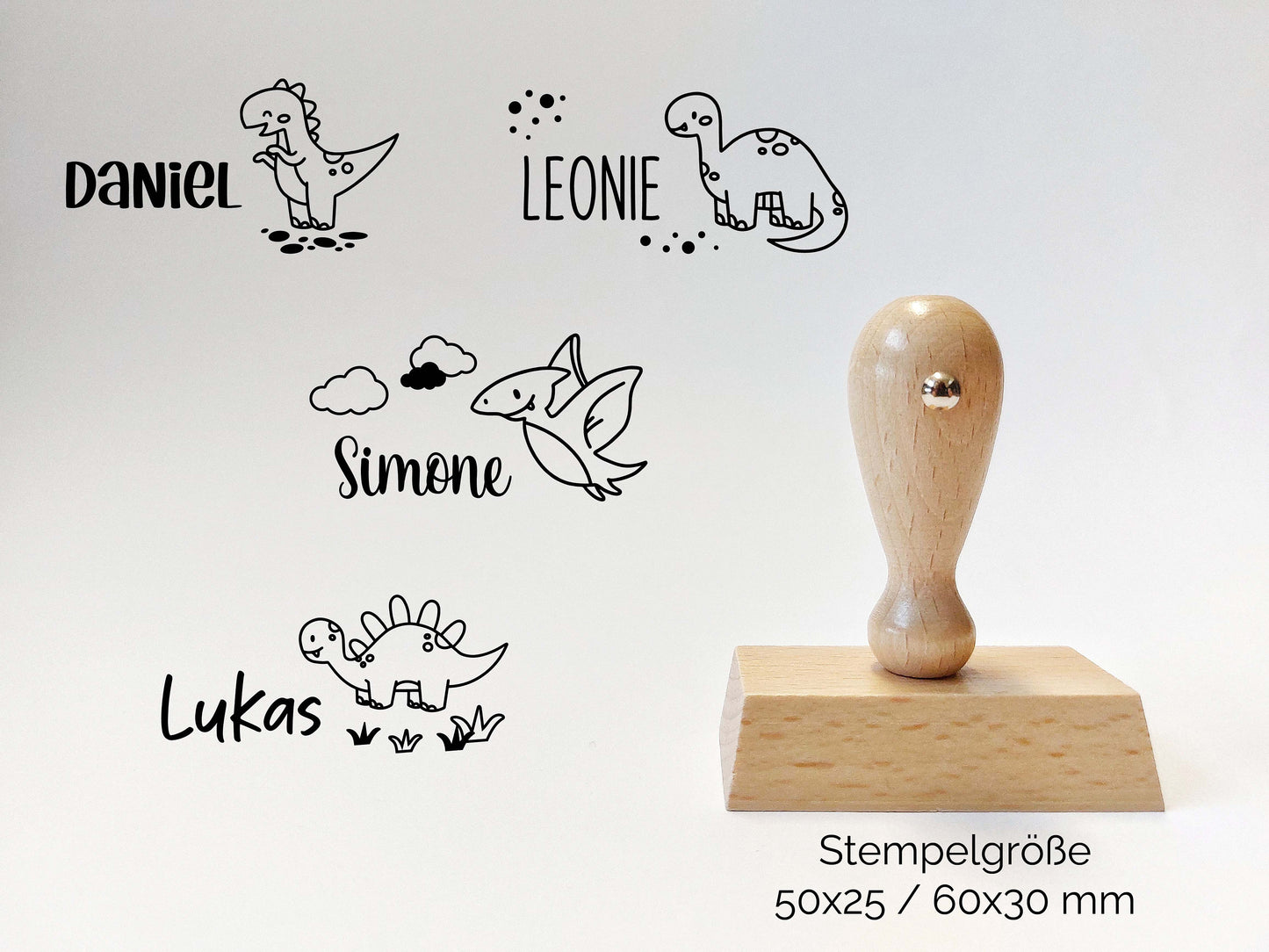 Dino Stempel mit Name | Dinosaurier Holzstempel | personalisierter Namenstempel | Kinderstempel | Stempel Rechteckig 50x25mm/60x30mm