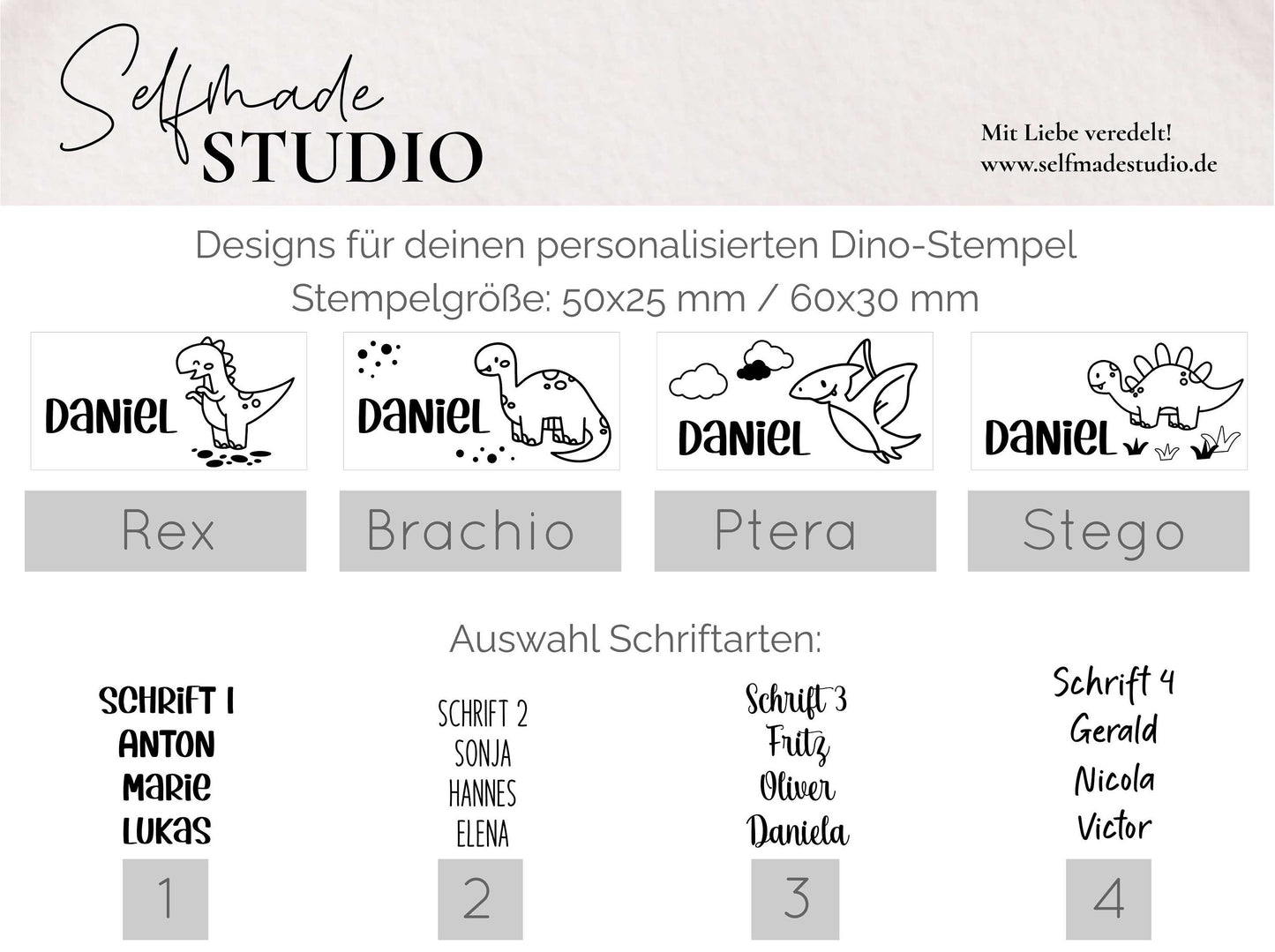 Dino Stempel mit Name | Dinosaurier Holzstempel | personalisierter Namenstempel | Kinderstempel | Stempel Rechteckig 50x25mm/60x30mm