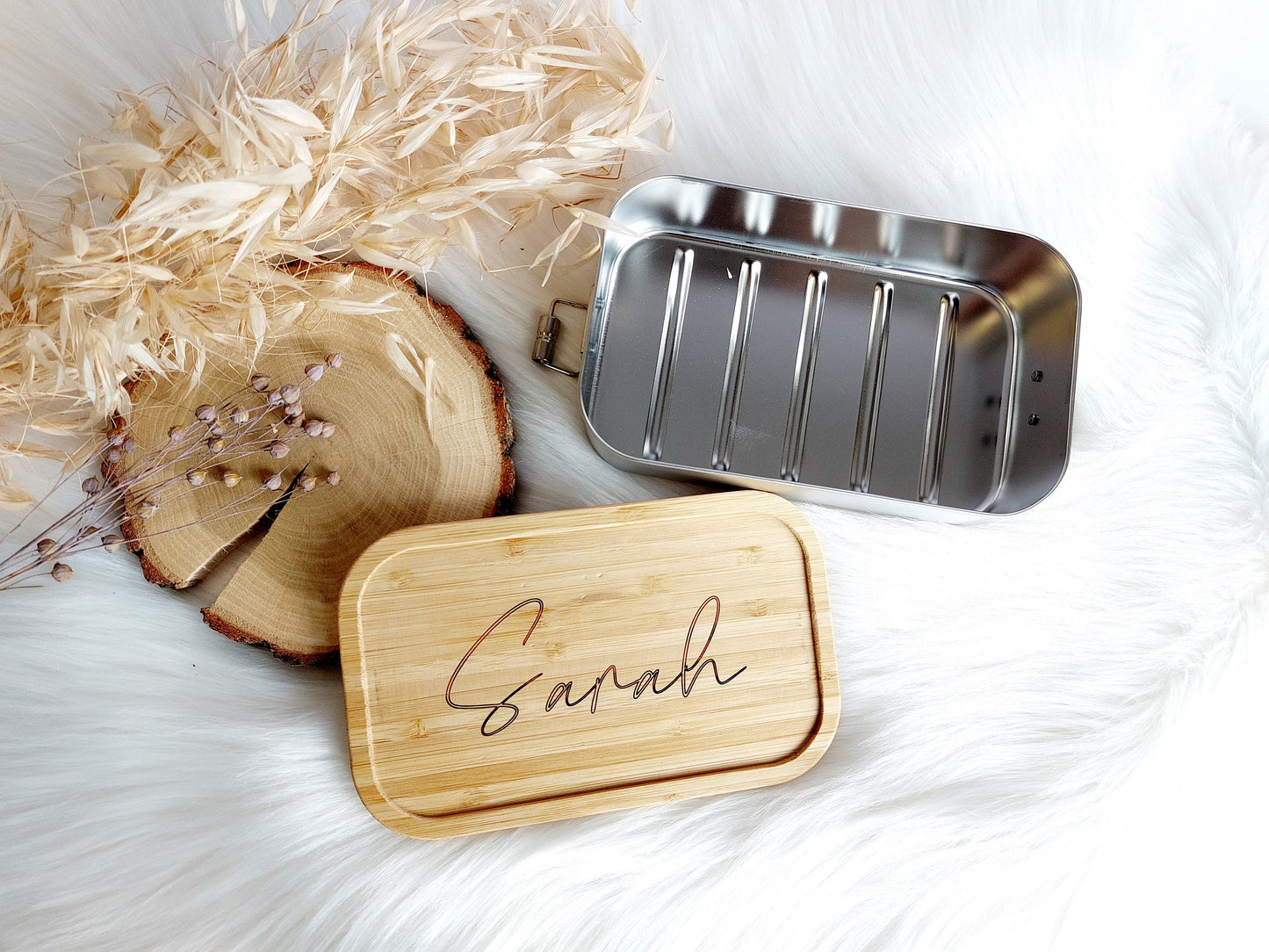 Bambus Lunchbox personalisiert | Outline | Vesperbox mit Namen, Wunschgravur Schneidebrett Bambus, Einschulungsgeschenk Pausenbox Schule