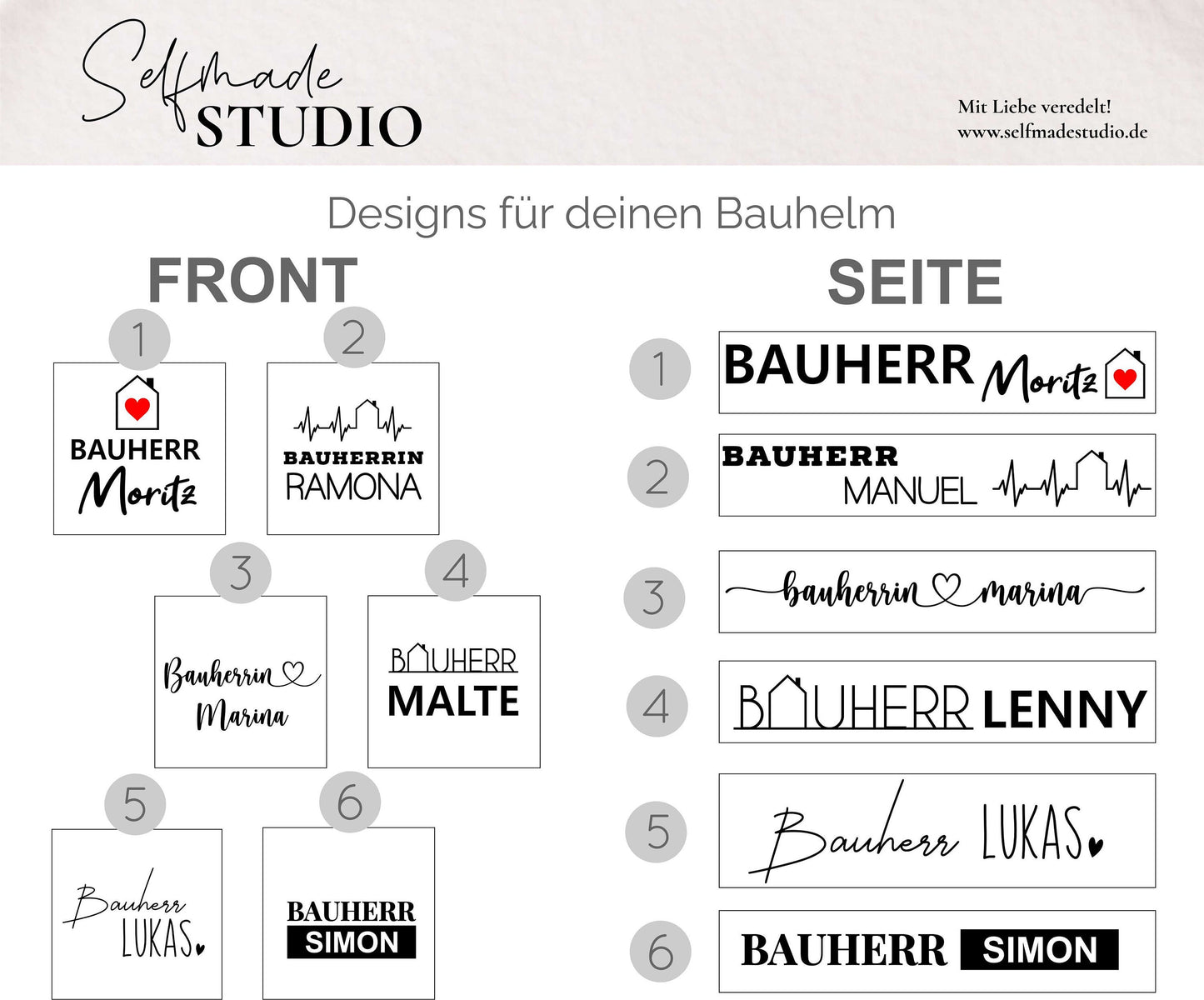 Bauhelm Weiß mit Wunschname | personalisierter Schutzhelm für Bauherr & Bauherrin - SelfmadeStudio