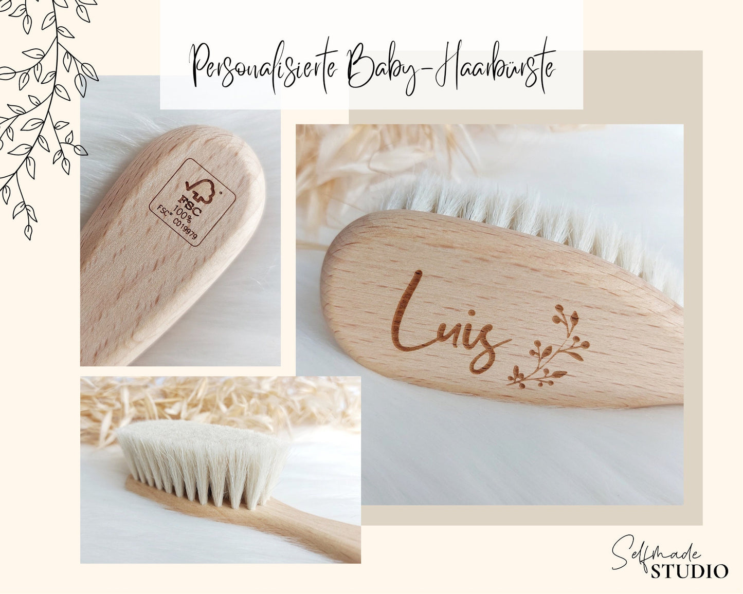Babyhaarbürste mit Name und Symbol | Baby Haarbüste / Bürste | Holzbürste für Neugeborene | Personalisierter Kamm mit Ziegenhaar - SelfmadeStudio
