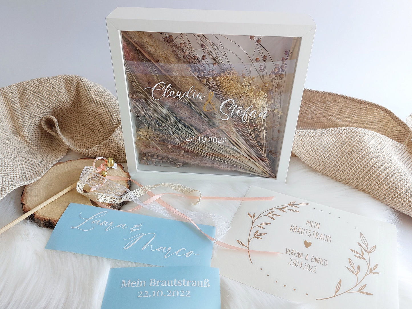 Bilderrahmen Weiß mit Schriftzug oder nur Schriftzug zum selbst Aufkleben | Mein Brautstrauß im Bilderrahmen - Große Motiv 1-8 | Personalisierbare DIY Hochzeitserinnerung - SelfmadeStudio