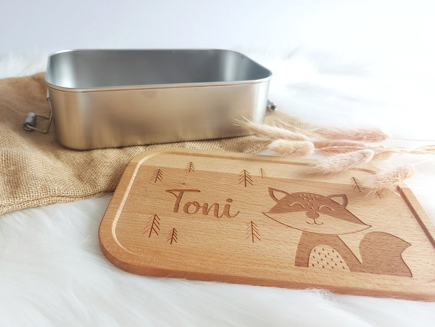 Tier Lunchbox mit Buchendeckel - personalisierte Vesperbox mit Namen und Tier Motiv, Wunschgravur Schneidebrett Buche, Einschulungsgeschenk