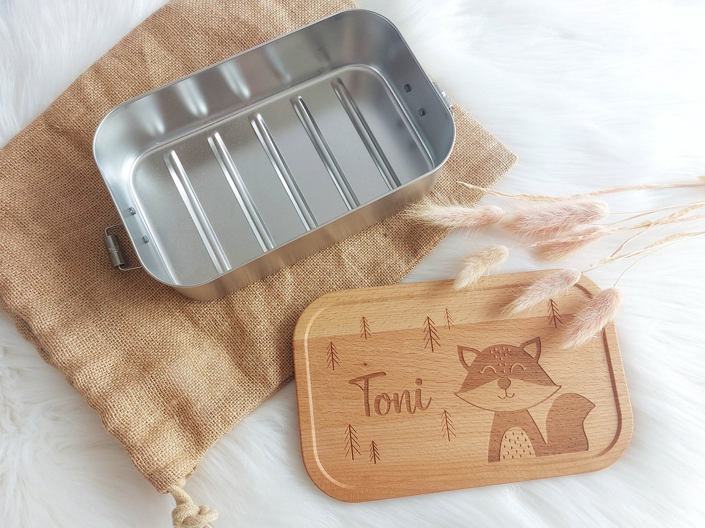 Tier Lunchbox mit Buchendeckel - personalisierte Vesperbox mit Namen und Tier Motiv, Wunschgravur Schneidebrett Buche, Einschulungsgeschenk