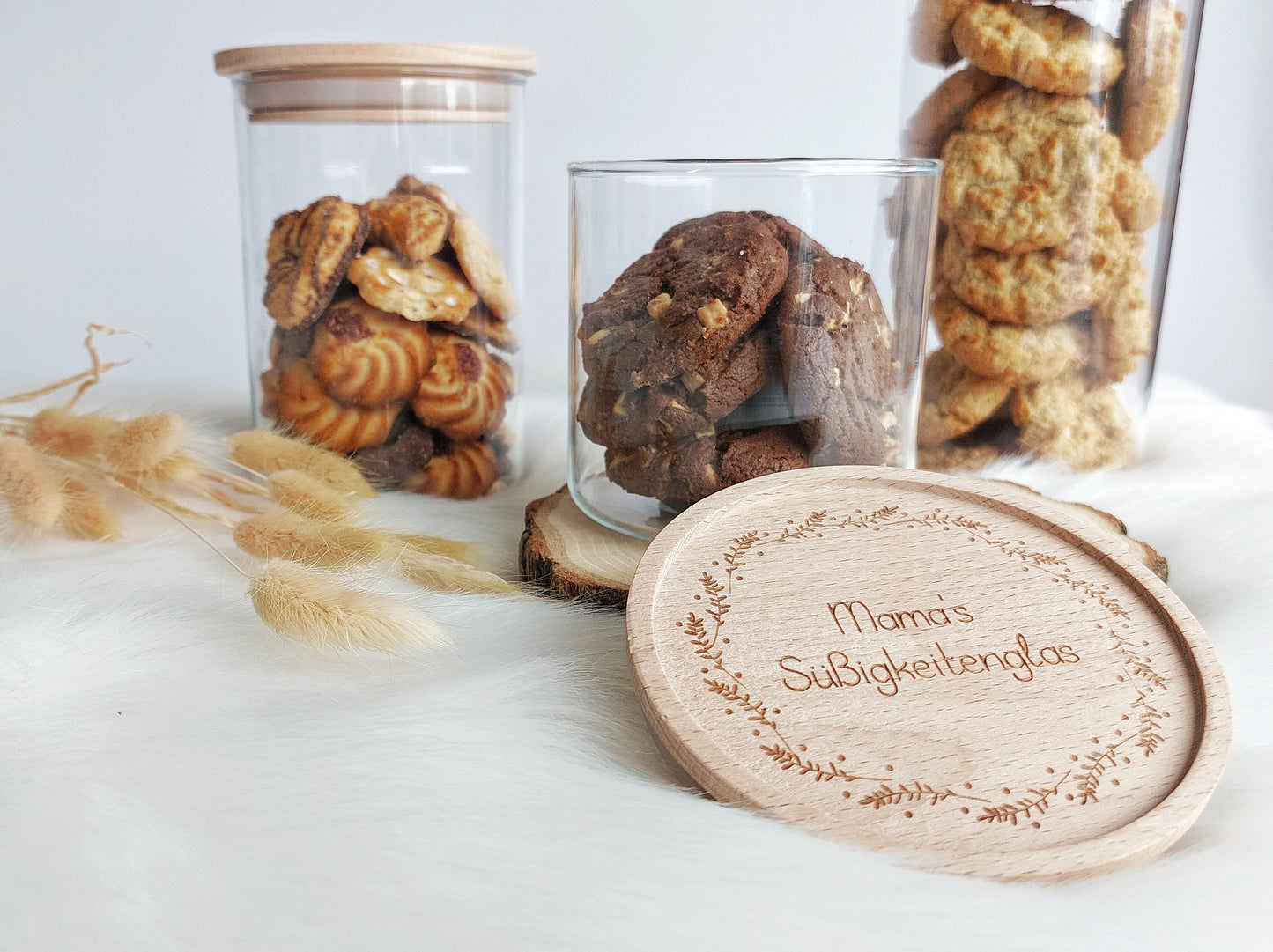 Vorratsglas - Floral Ring mit Wunschtext | Holzdeckel mit Gravur | Weihnachtsgeschenk Muttertag Vatertag Geschenk | Süßigkeiten Glas Vorrat