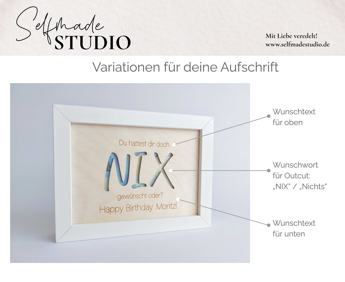 Geldgeschenk - NIX | Bilderrahmen | Geburtstagsgeschenk | Passepartout aus Holz für Geldscheine | Du hattest dir doch | Happy Birthday Name