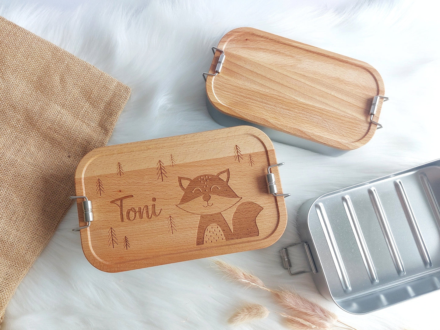 Tier Lunchbox mit Buchendeckel - personalisierte Vesperbox mit Namen und Tier Motiv, Wunschgravur Schneidebrett Buche, Einschulungsgeschenk