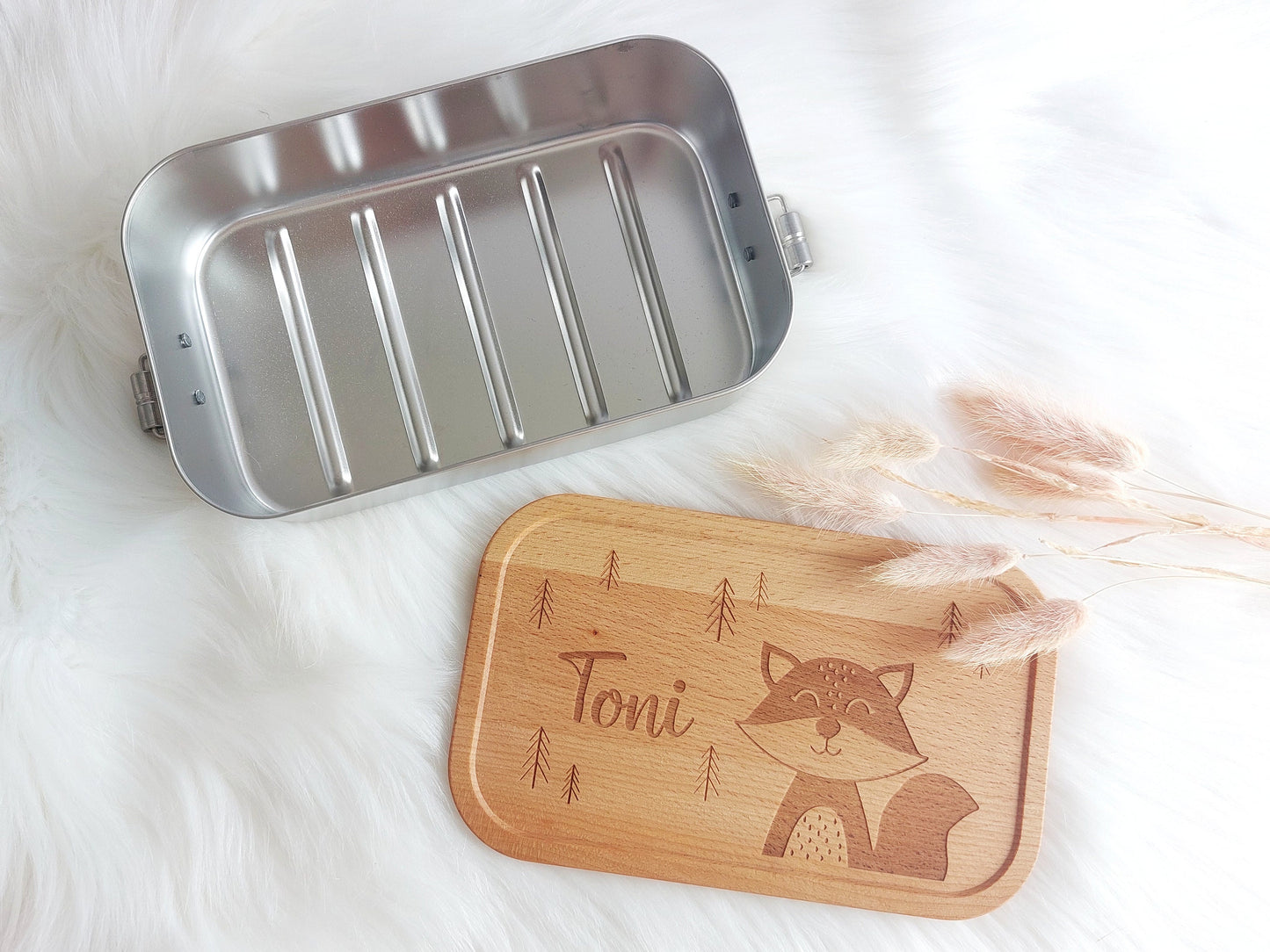 Tier Lunchbox mit Buchendeckel - personalisierte Vesperbox mit Namen und Tier Motiv, Wunschgravur Schneidebrett Buche, Einschulungsgeschenk