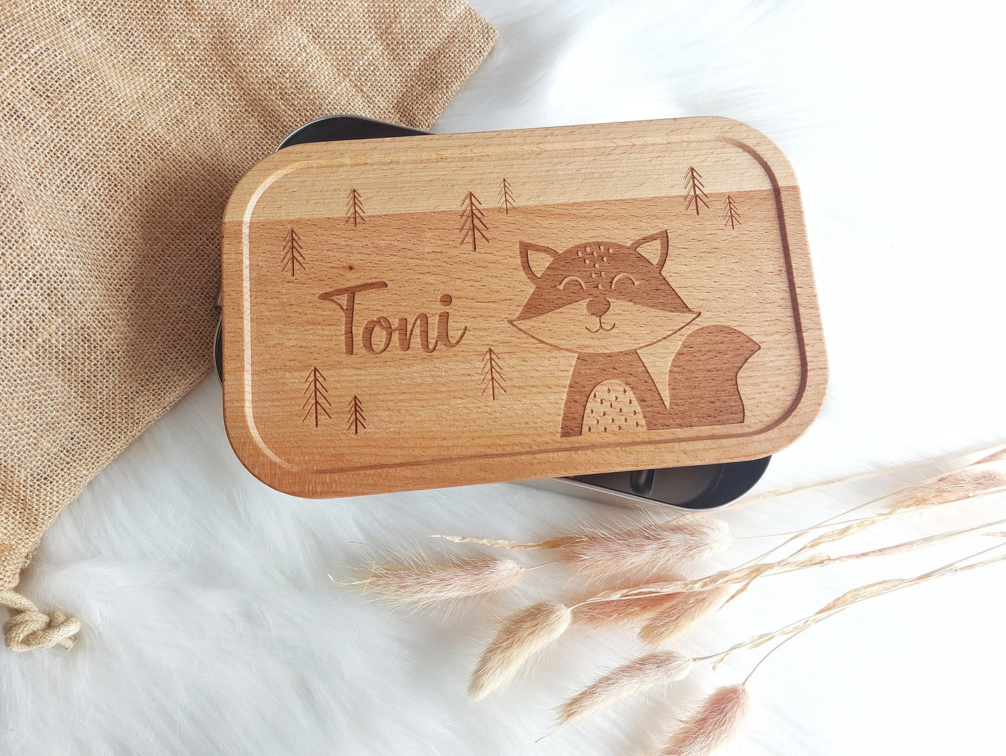 Tier Lunchbox mit Buchendeckel - personalisierte Vesperbox mit Namen und Tier Motiv, Wunschgravur Schneidebrett Buche, Einschulungsgeschenk