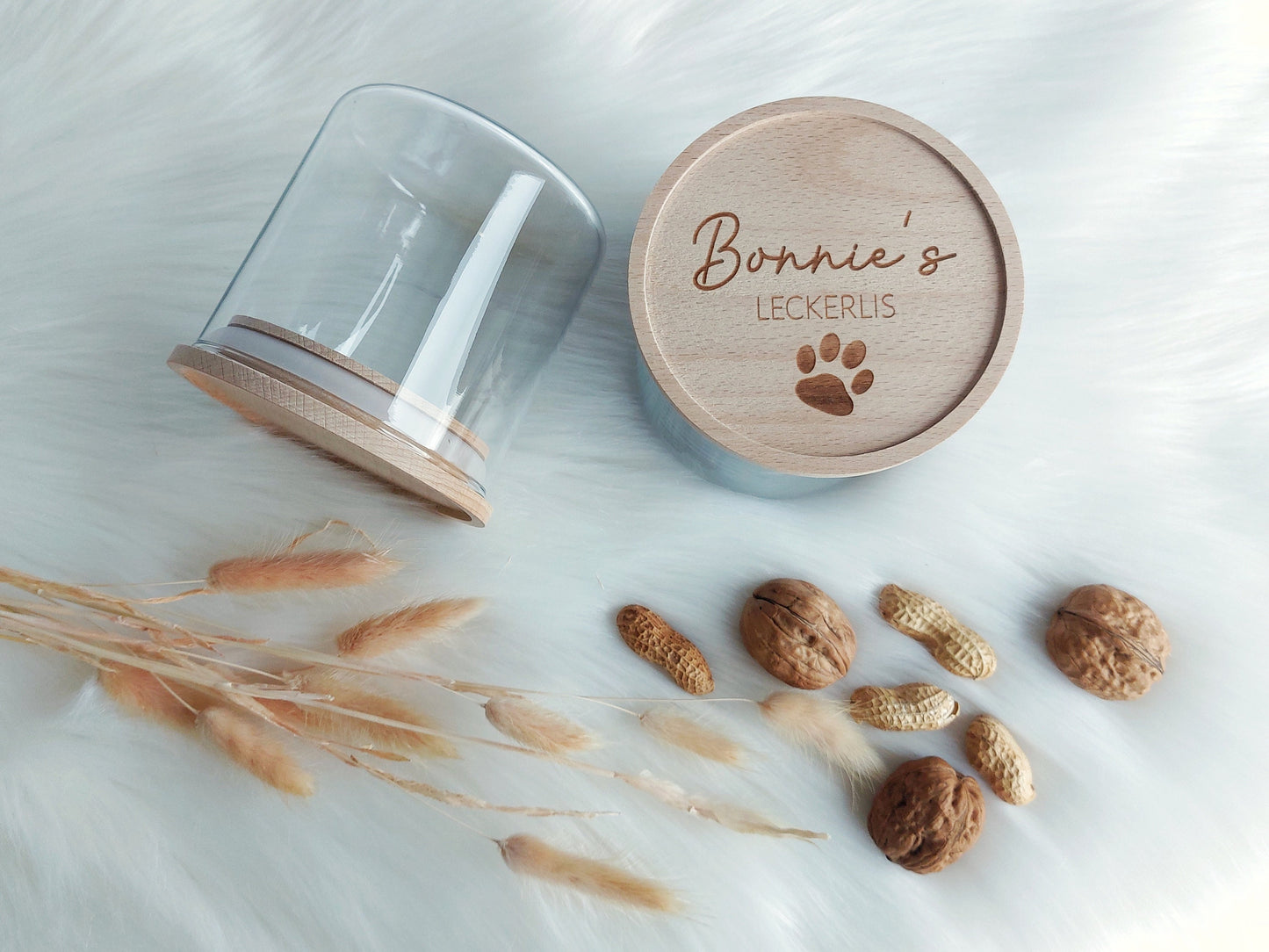 Vorratsglas Haustier Leckerlis | Holzdeckel personalisiert mit Tiernamen und Wunschgravur Schnurrhaare / Pfote | Katzen Hunde Tiernahrung