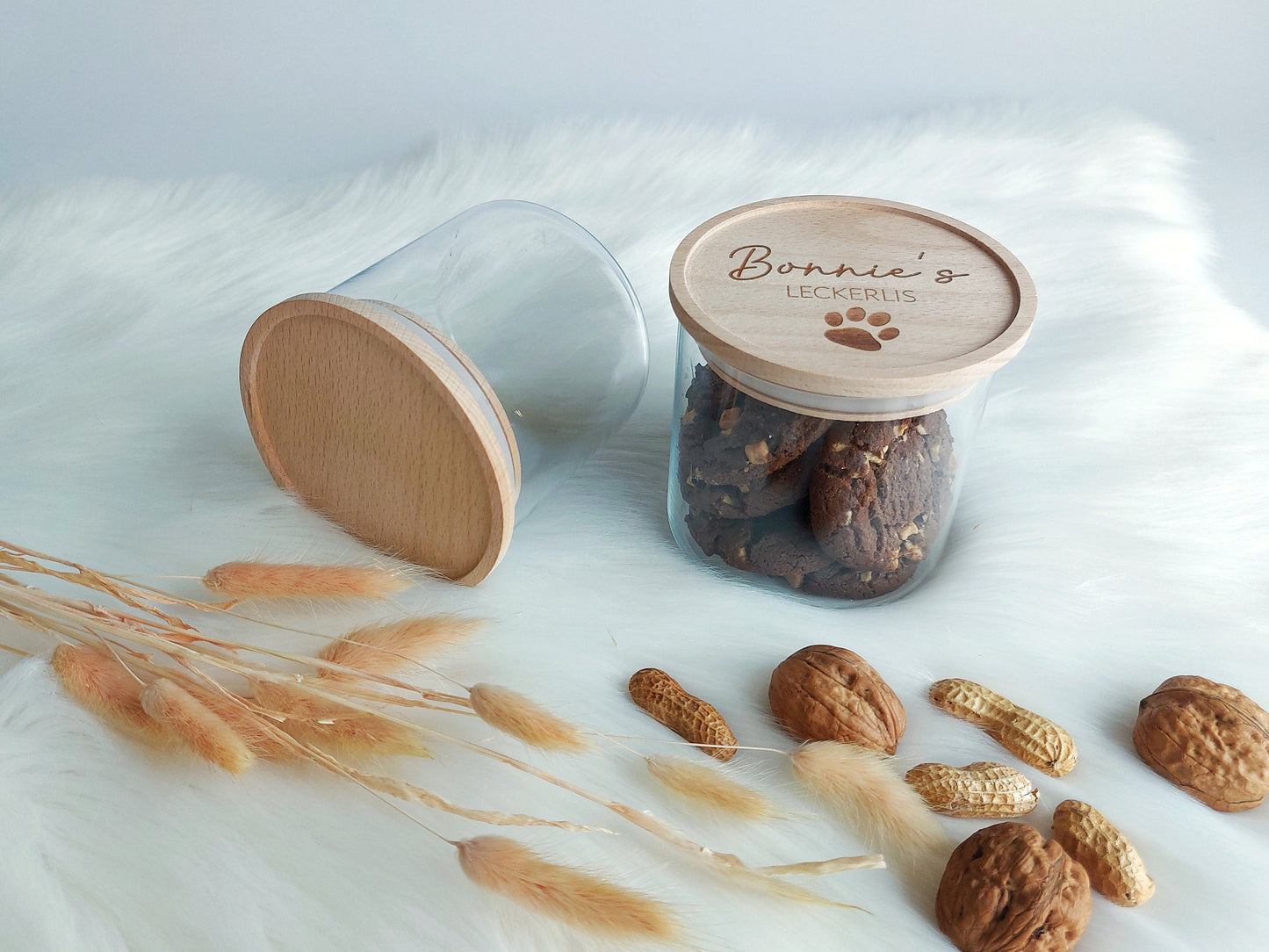 Vorratsglas Haustier Leckerlis | Holzdeckel personalisiert mit Tiernamen und Wunschgravur Schnurrhaare / Pfote | Katzen Hunde Tiernahrung