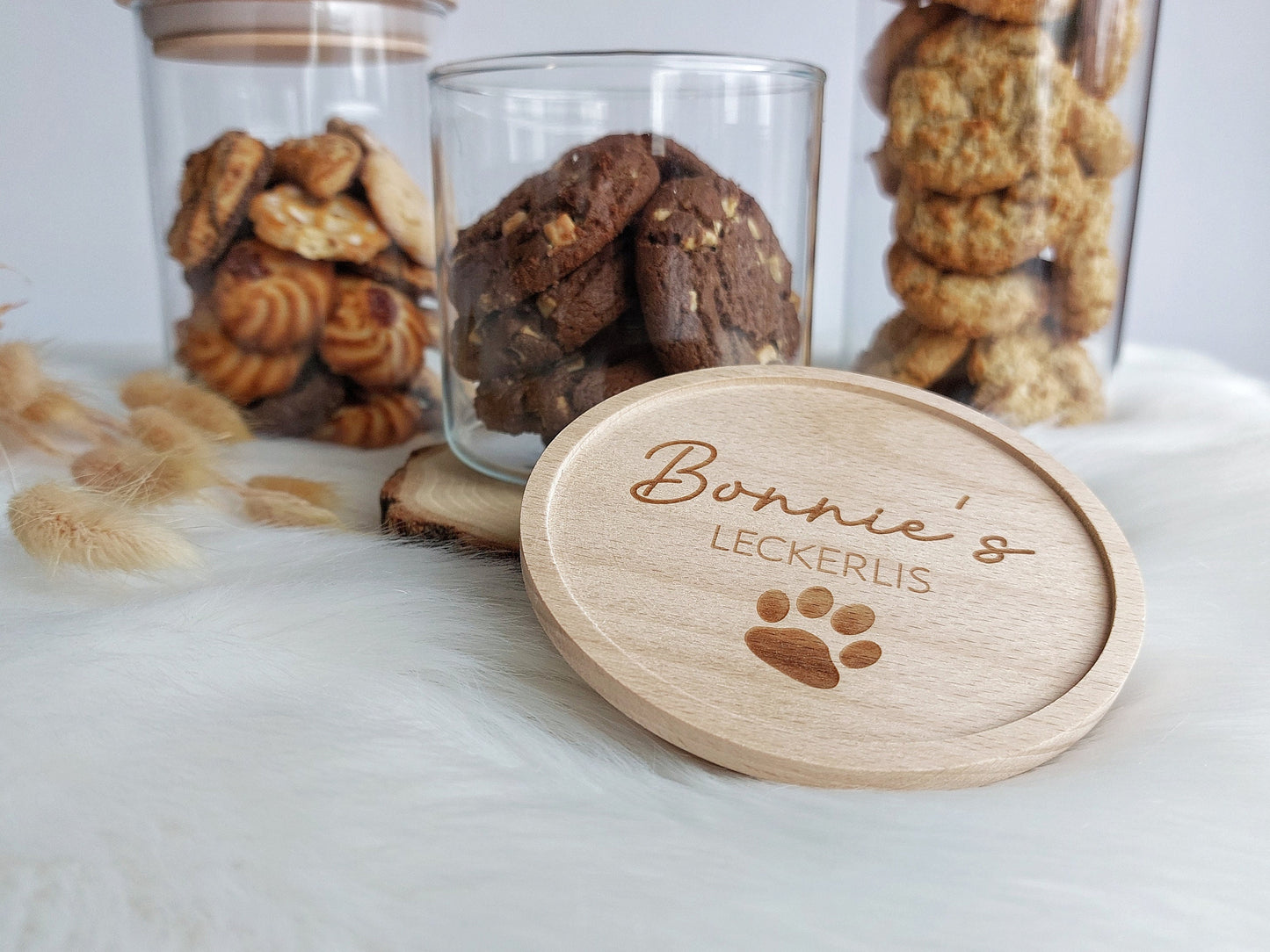 Vorratsglas Haustier Leckerlis | Holzdeckel personalisiert mit Tiernamen und Wunschgravur Schnurrhaare / Pfote | Katzen Hunde Tiernahrung