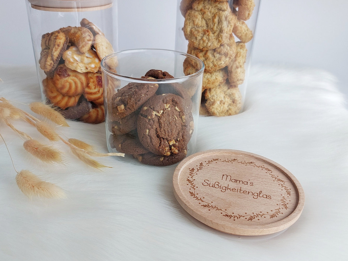 Vorratsglas - Floral Ring mit Wunschtext | Holzdeckel mit Gravur | Weihnachtsgeschenk Muttertag Vatertag Geschenk | Süßigkeiten Glas Vorrat