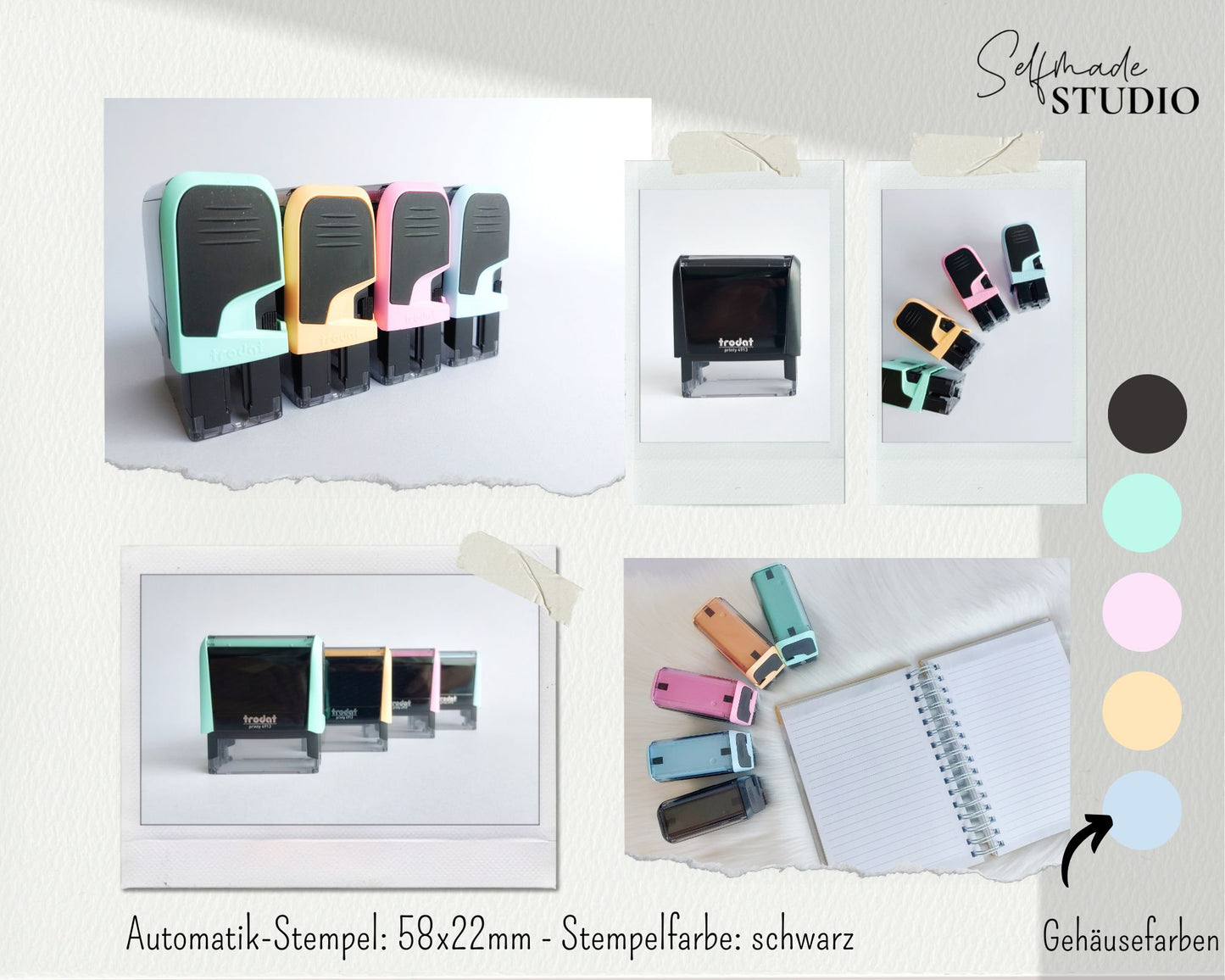 Dino gezeichnet Stempel + Name | Automatikstempel | personalisierter Dinosaurier Namenstempel | Selbstfärbend Rechteckig 58x22 mm | Pastell