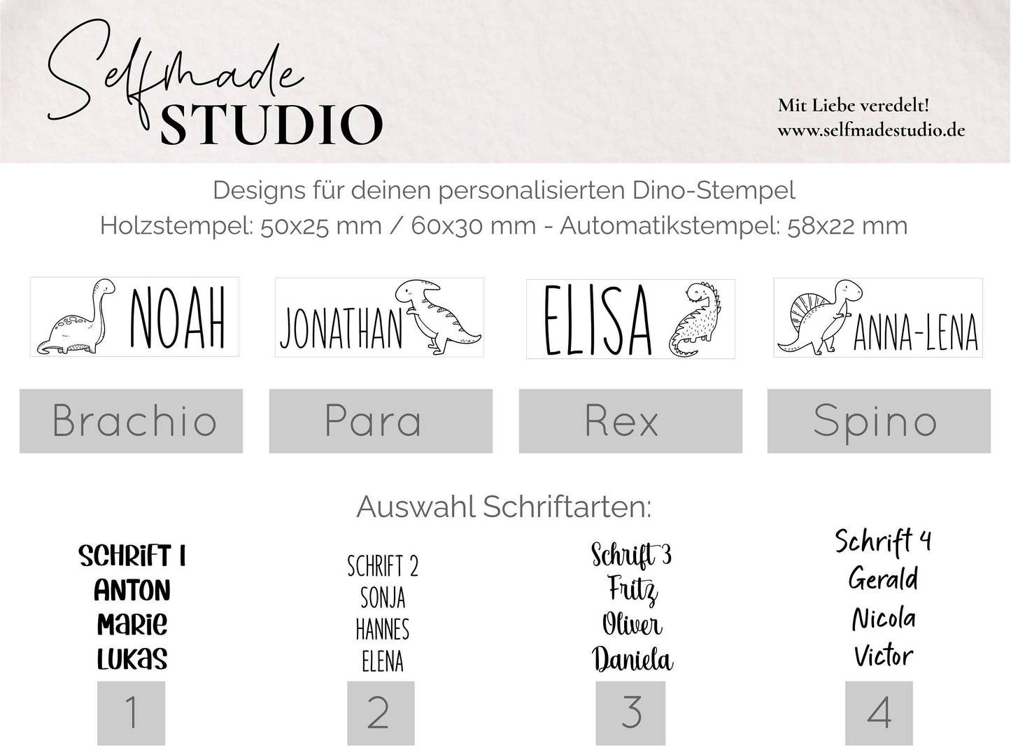 Dino gezeichnet Stempel + Name | Automatikstempel | personalisierter Dinosaurier Namenstempel | Selbstfärbend Rechteckig 58x22 mm | Pastell