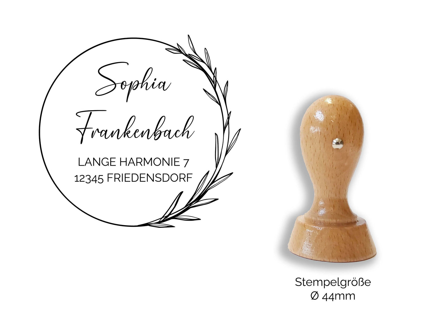 Adressstempel - Frankenbach | Blätterring filigran | personalisierter Familienstempel | Holzstempel Wunschadresse | Stempel Rund 44mm/60mm