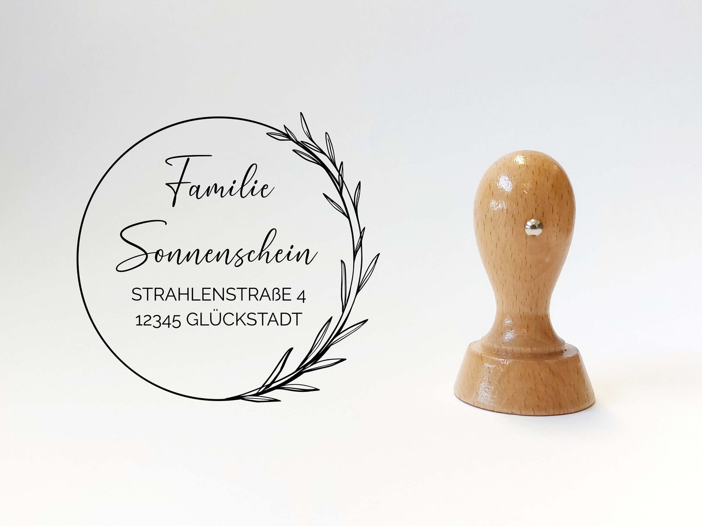 Adressstempel - Frankenbach | Blätterring filigran | personalisierter Familienstempel | Holzstempel Wunschadresse | Stempel Rund 44mm/60mm