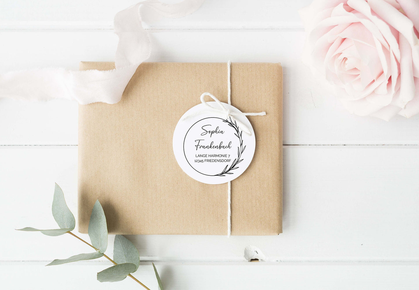 Adressstempel - Frankenbach | Blätterring filigran | personalisierter Familienstempel | Holzstempel Wunschadresse | Stempel Rund 44mm/60mm
