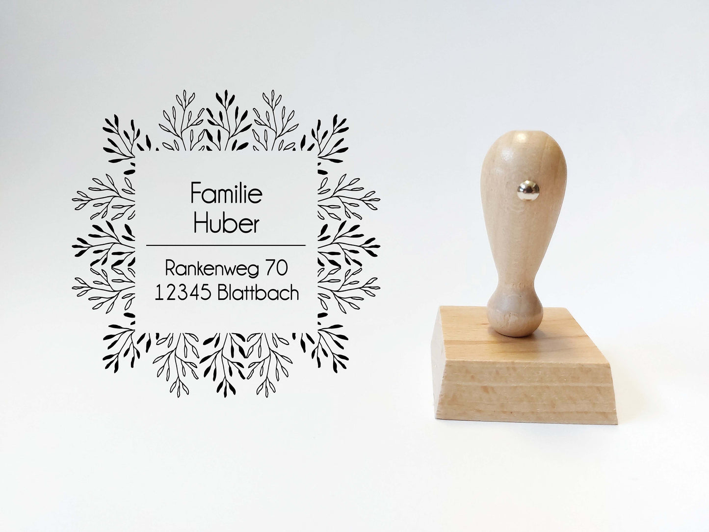 Adressstempel - Finkenberger | Blätterrahmen personalisierter Familienstempel | Holzstempel mit Wunschadresse | Stempel Quadratisch 45x45mm