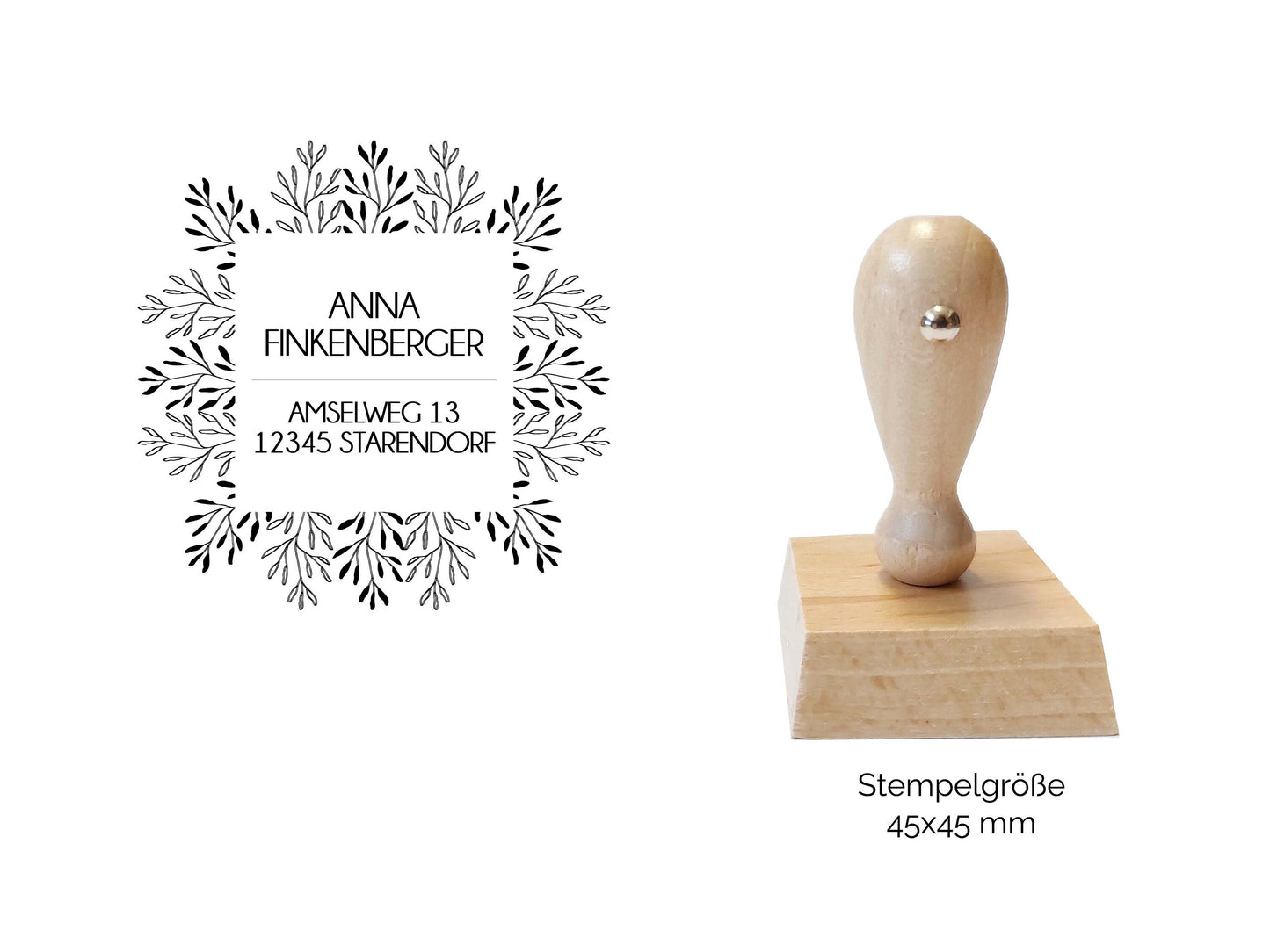 Adressstempel - Finkenberger | Blätterrahmen personalisierter Familienstempel | Holzstempel mit Wunschadresse | Stempel Quadratisch 45x45mm