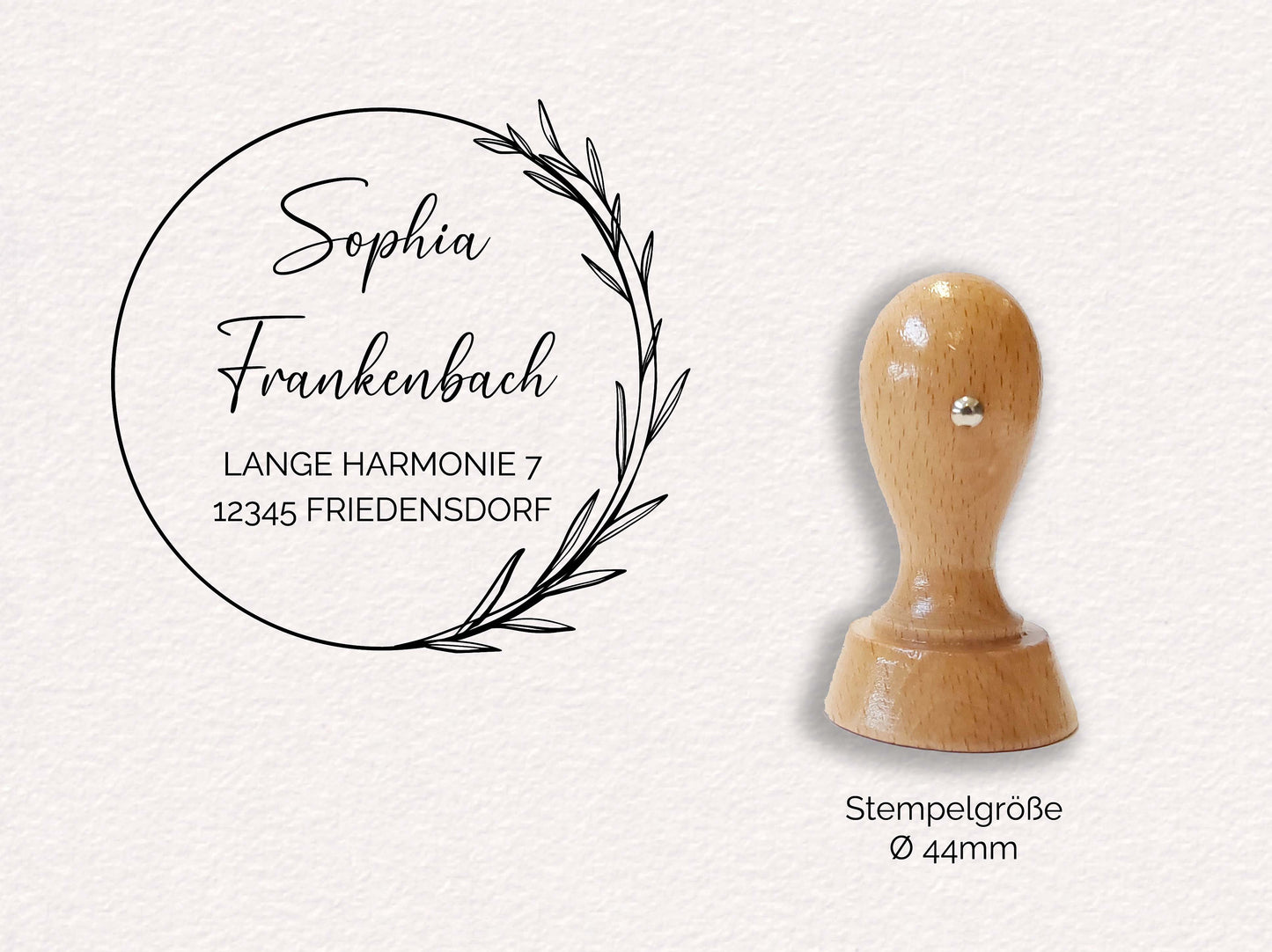 Adressstempel - Frankenbach | Blätterring filigran | personalisierter Familienstempel | Holzstempel Wunschadresse | Stempel Rund 44mm/60mm