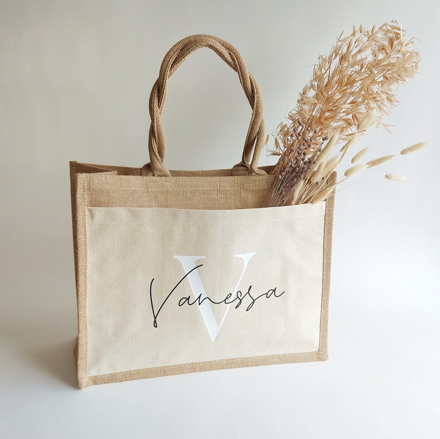 Personalisierte Jutetasche Initial & Name | Einkaufstasche mit Wunschname Schwarz und Initial Weiß Jutetasche Baumwolltasche Einkaufstasche