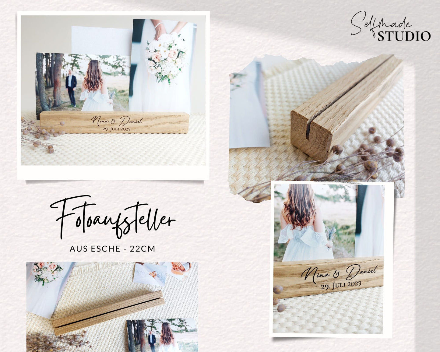 Fotohalter Hochzeiterinnerung | Tischaufsteller mit Schlitz u. Aufdruck | Kartenhalter für Postkarten & Bilder Bilderhalter Fotoleiste