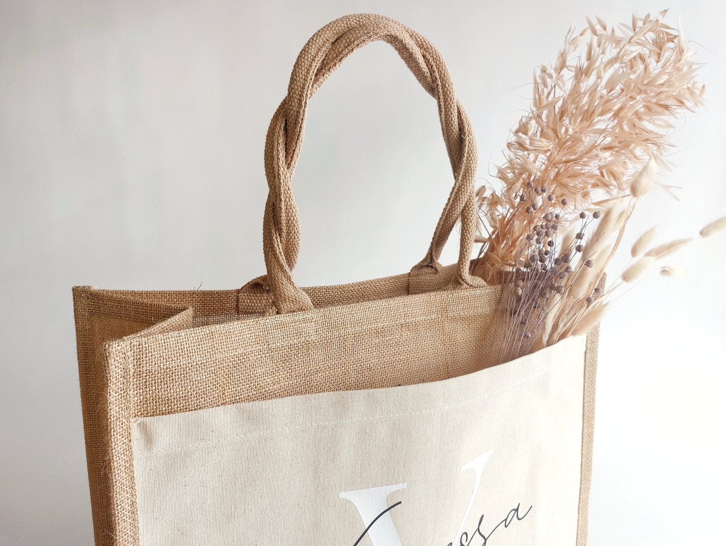 Personalisierte Jutetasche Initial & Name | Einkaufstasche mit Wunschname Schwarz und Initial Weiß Jutetasche Baumwolltasche Einkaufstasche