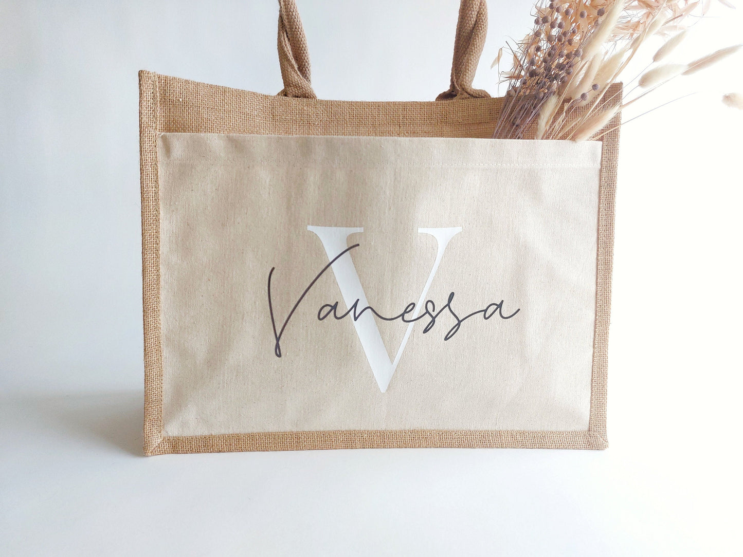 Personalisierte Jutetasche Initial & Name | Einkaufstasche mit Wunschname Schwarz und Initial Weiß Jutetasche Baumwolltasche Einkaufstasche