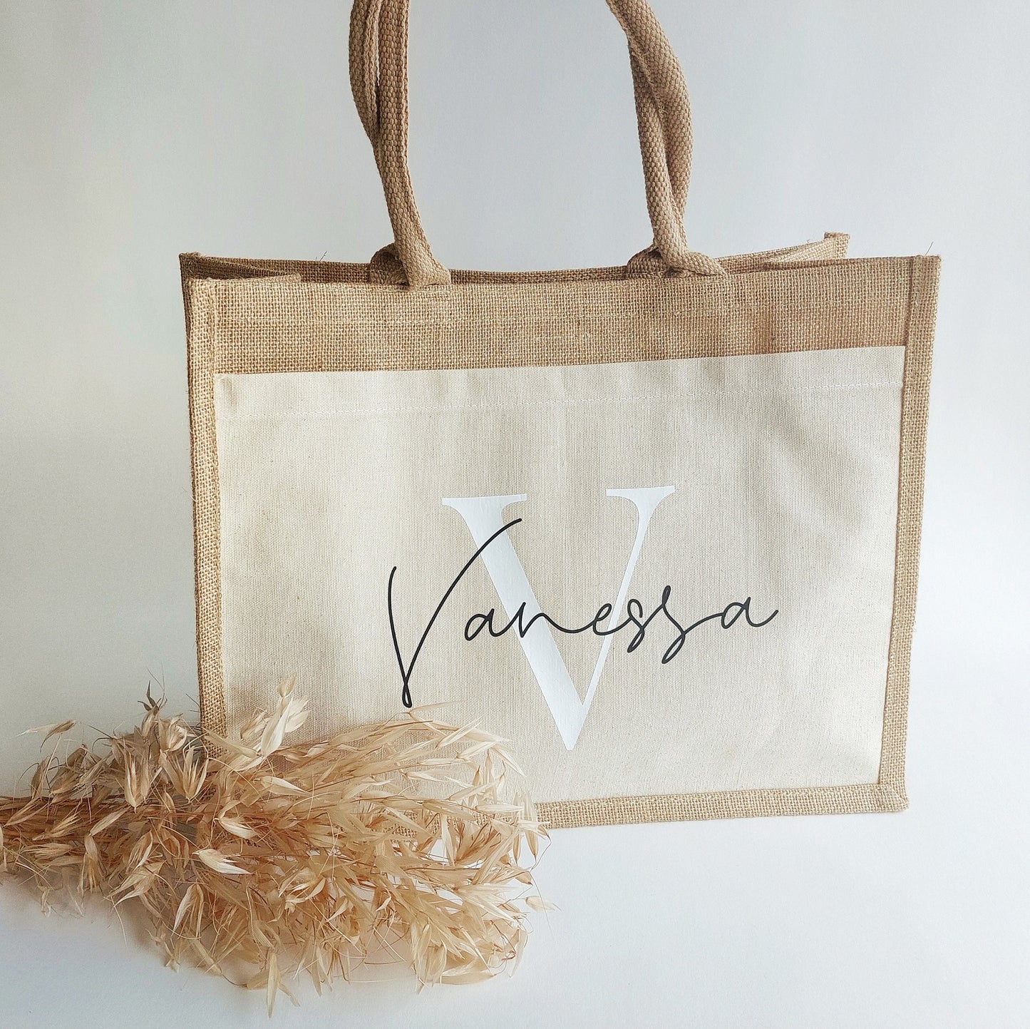 Personalisierte Jutetasche Initial & Name | Einkaufstasche mit Wunschname Schwarz und Initial Weiß Jutetasche Baumwolltasche Einkaufstasche