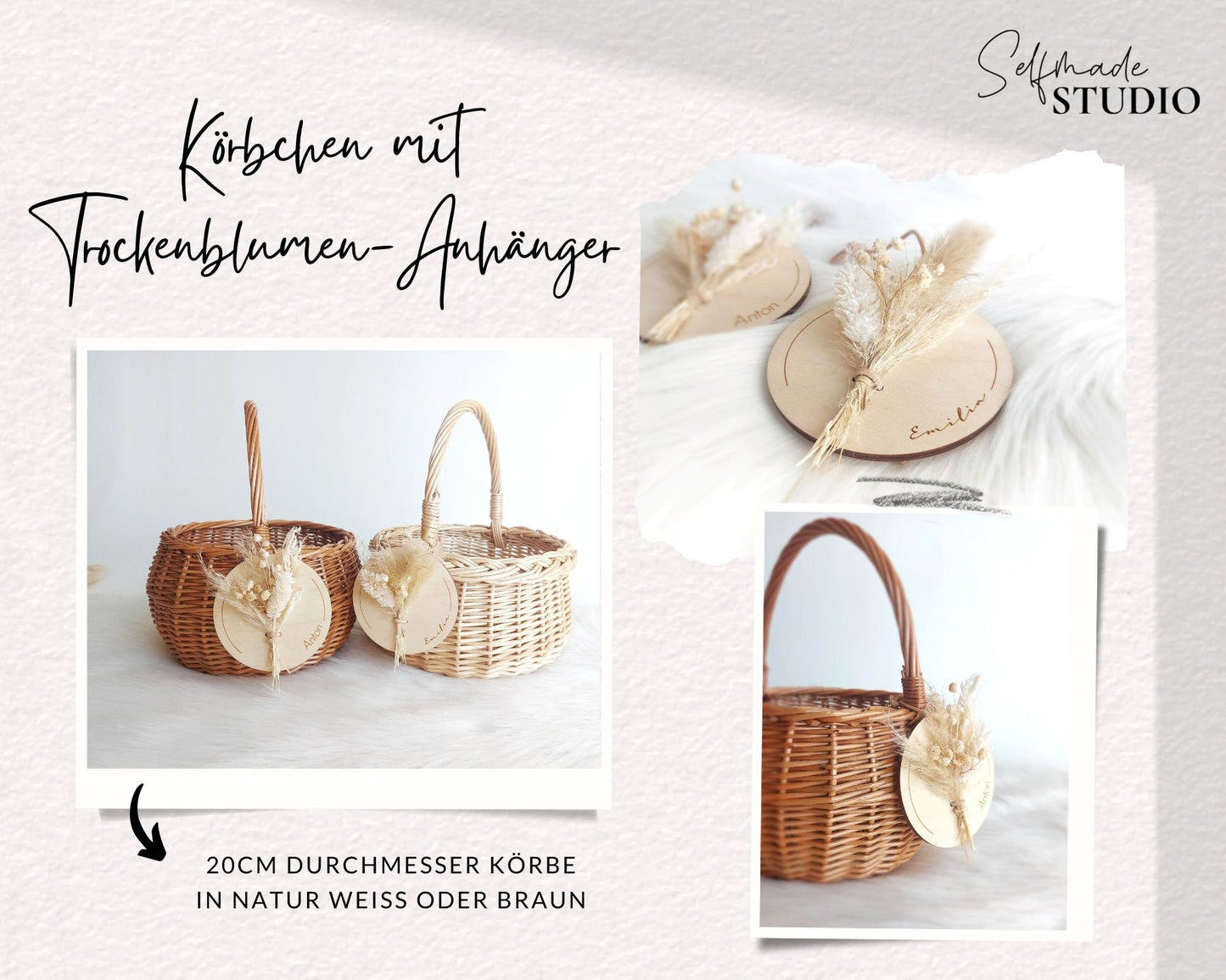 Holzanhänger mit Trockenblumen Strauß | personalisierter Holz Anhänger mit Wunschname | Osterkorb | Geschenkkorb | Blumenkorb | Weidenkorb
