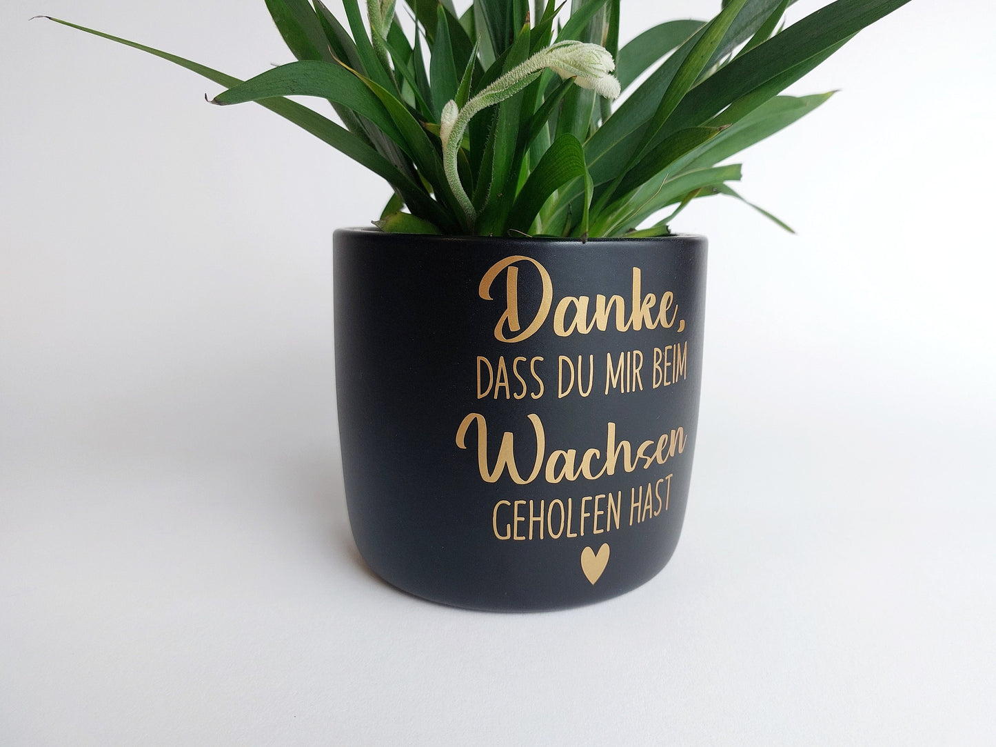 Keramik Blumentopf Wachsen | Danke, dass du mir beim Wachsen geholfen hast | Ø13/Ø15cm | weiß meliert schwarz matt Hebamme Erzieher Geschenk