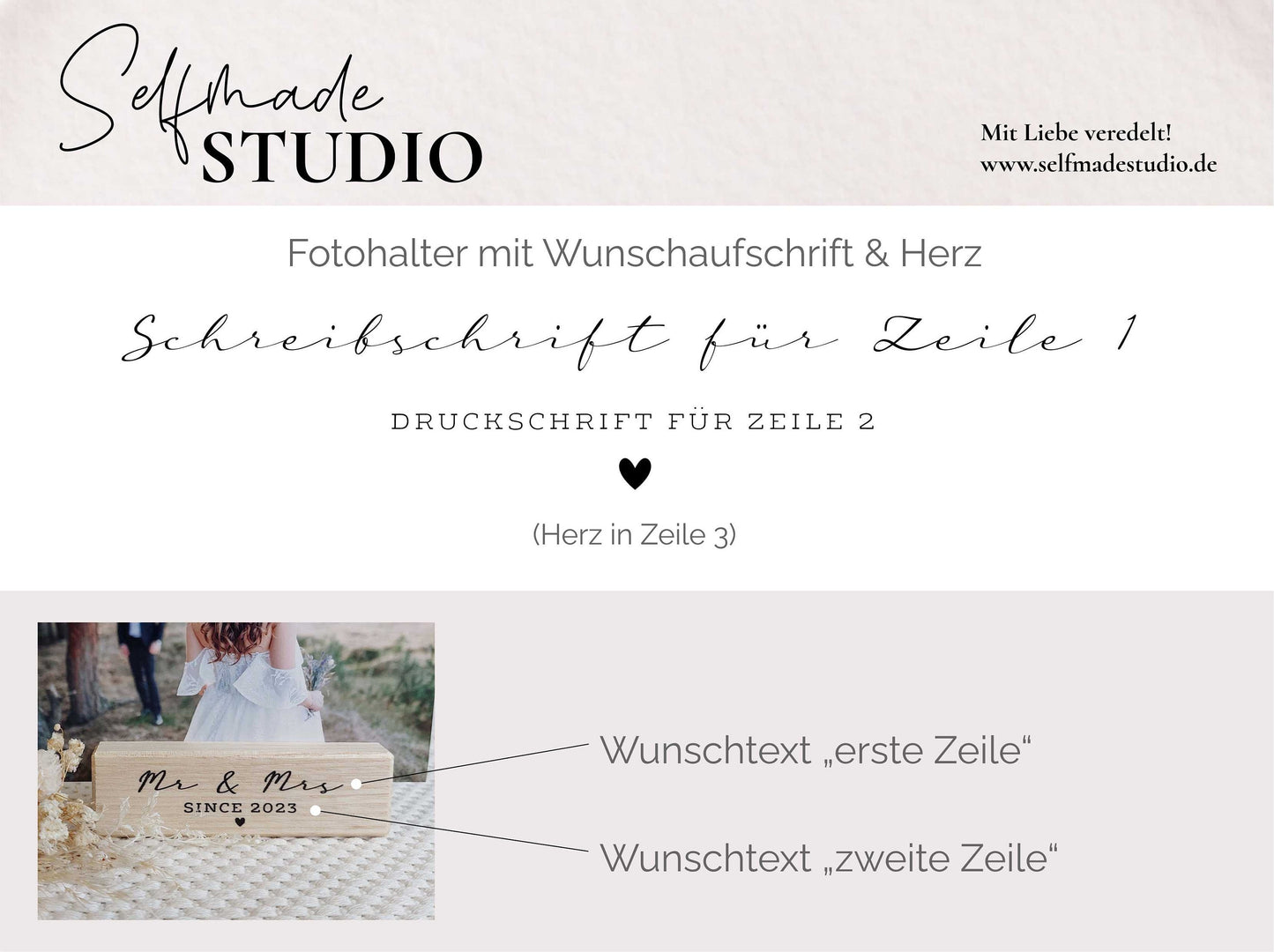 Fotohalter Freitext 2-Zeilig mit Herz | Tischaufsteller mit Schlitz u. Aufdruck Kartenhalter für Postkarten & Bilder Bilderhalter Fotoleiste
