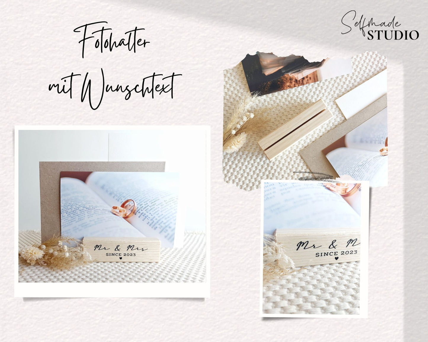 Fotohalter Freitext 2-Zeilig mit Herz | Tischaufsteller mit Schlitz u. Aufdruck Kartenhalter für Postkarten & Bilder Bilderhalter Fotoleiste