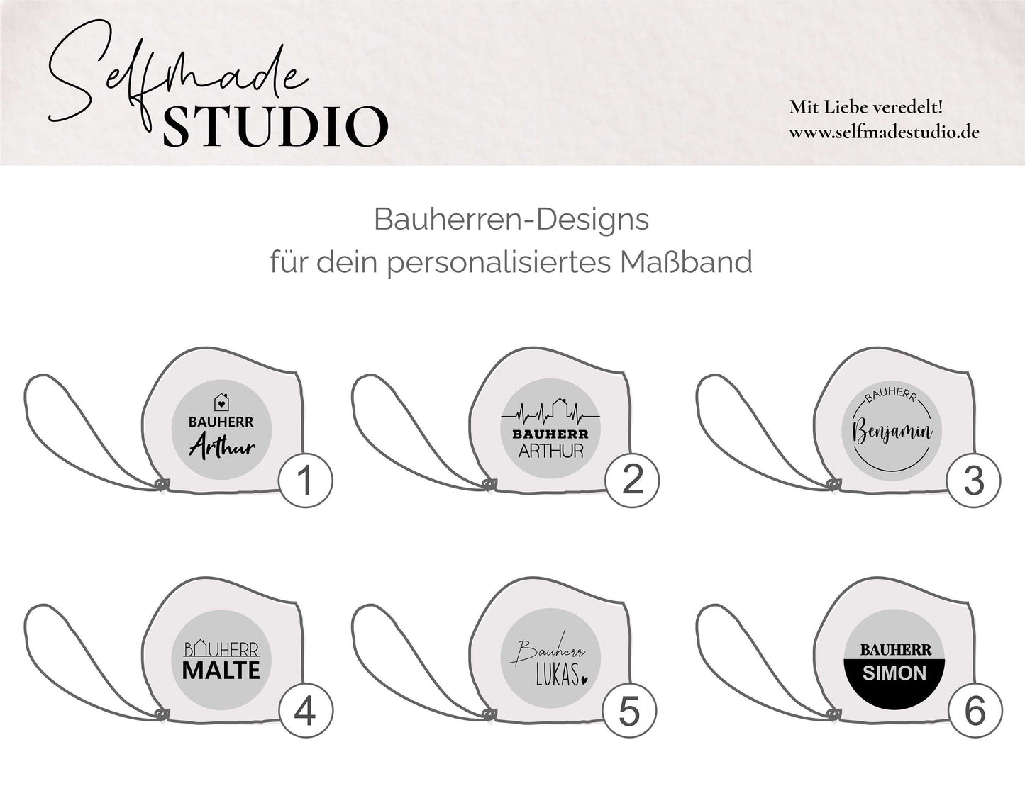 Maßband Bauherr / Bauherrin 6 Designs - Hausbauer Bauvorhaben Messband mit Wunsch-Name, Rollbandmaß personalisiert Handwerker Taschenmaßband