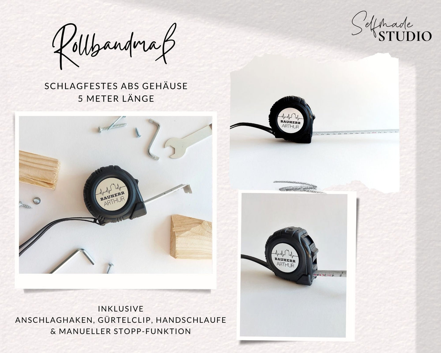 Maßband Bauherr / Bauherrin 6 Designs - Hausbauer Bauvorhaben Messband mit Wunsch-Name, Rollbandmaß personalisiert Handwerker Taschenmaßband