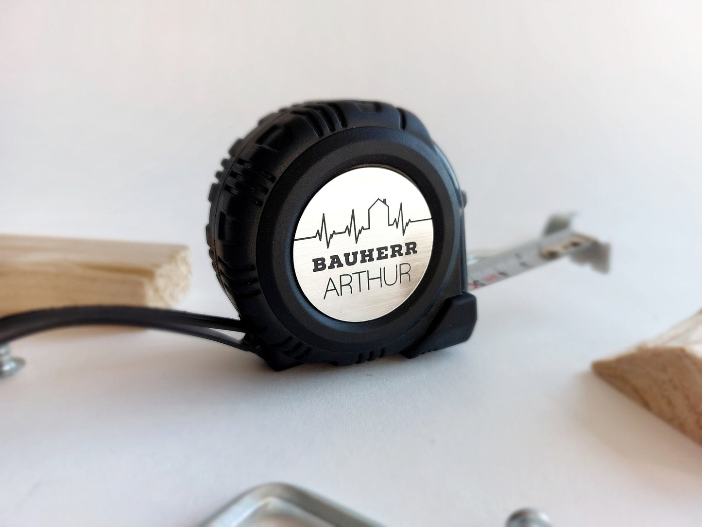 Maßband Bauherr / Bauherrin 6 Designs - Hausbauer Bauvorhaben Messband mit Wunsch-Name, Rollbandmaß personalisiert Handwerker Taschenmaßband