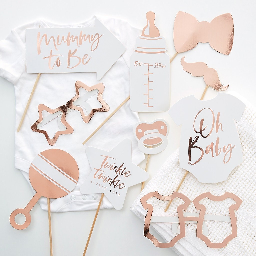 Props - Baby Shower 10er Set | Rose Gold | Photo Booth Props | Baby Verkleidungen für Genderparty | Fotobox Accessoires Verkleidung Fotos - SelfmadeStudio