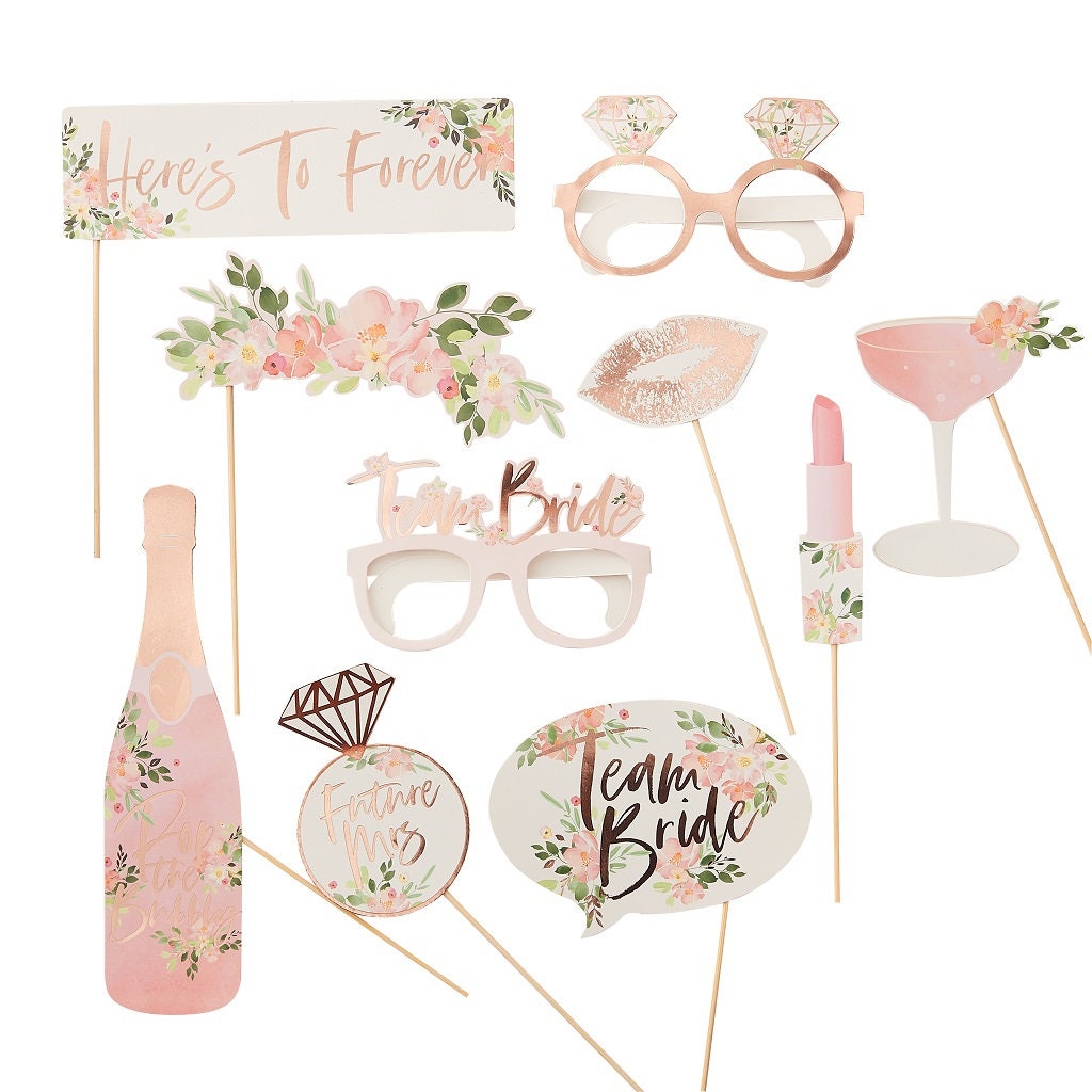 Props - JGA Floral 10er Set | Rosegold | Photo Booth Props | Jungesellinnen Abschied JGA Bilder Verkleidung | Fotobox Accessoires Fotos - SelfmadeStudio