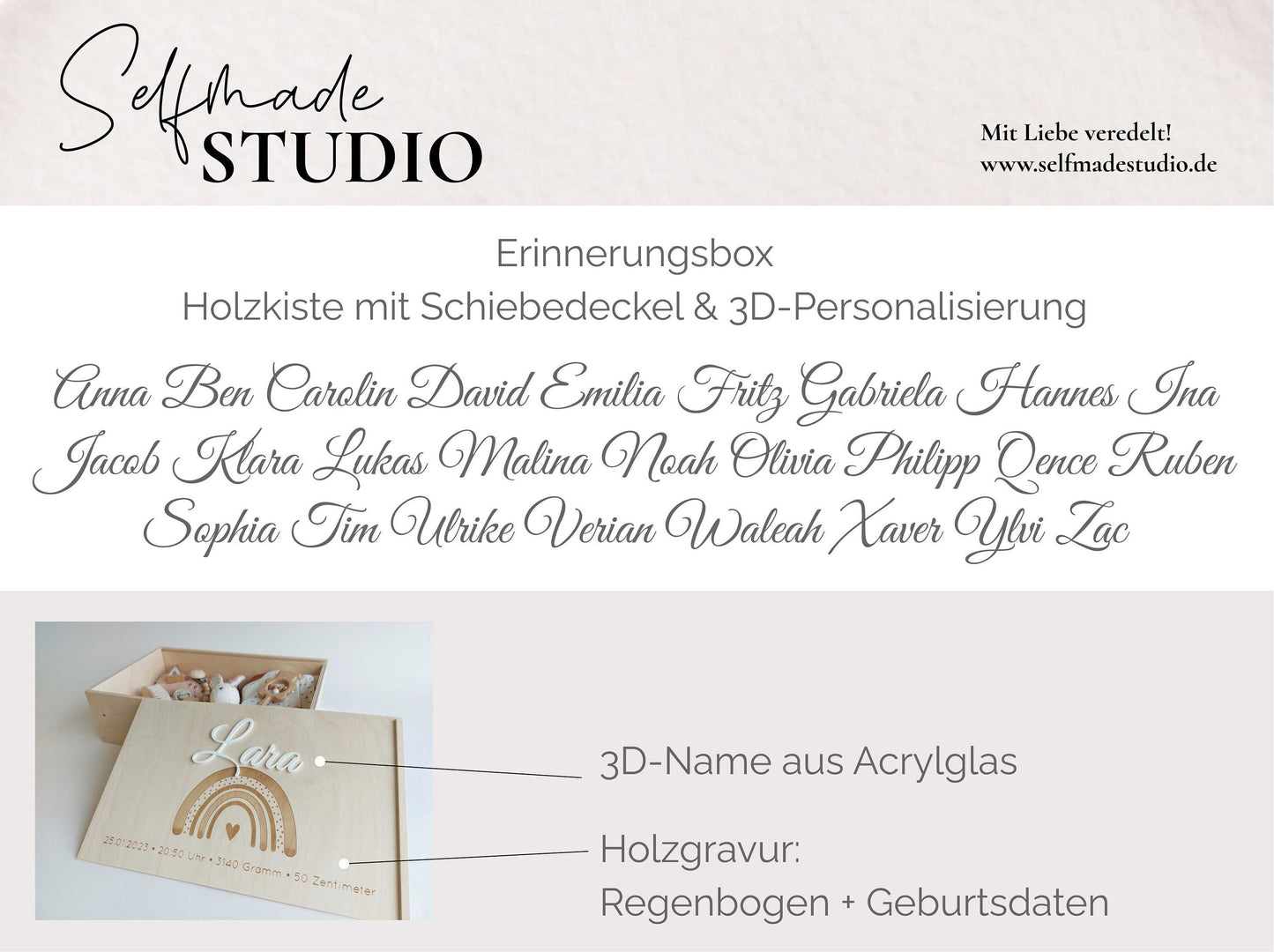 Baby-Kiste mit 3D Namen & Regenbogen | Erinnerungsbox | Personalisierte Holzkiste mit Schiebedeckel oder als Truhe - SelfmadeStudio