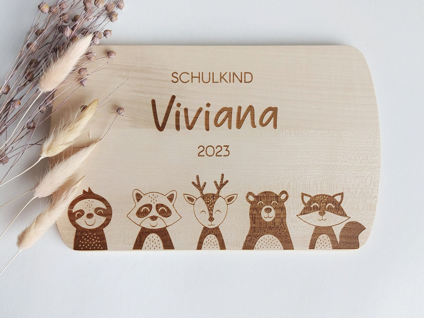 Schuldkind Frühstücksbrettchen | 4 Tiermotive | Schulkind mit Name & Schuljahr Ahorn Kindergartenkind, personalisiertes Schneidebrett Essen